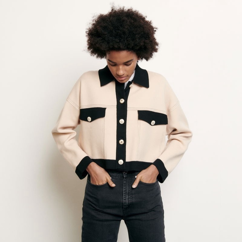 Sandro Cropped Cardigan With Topstitching Size 1 Small